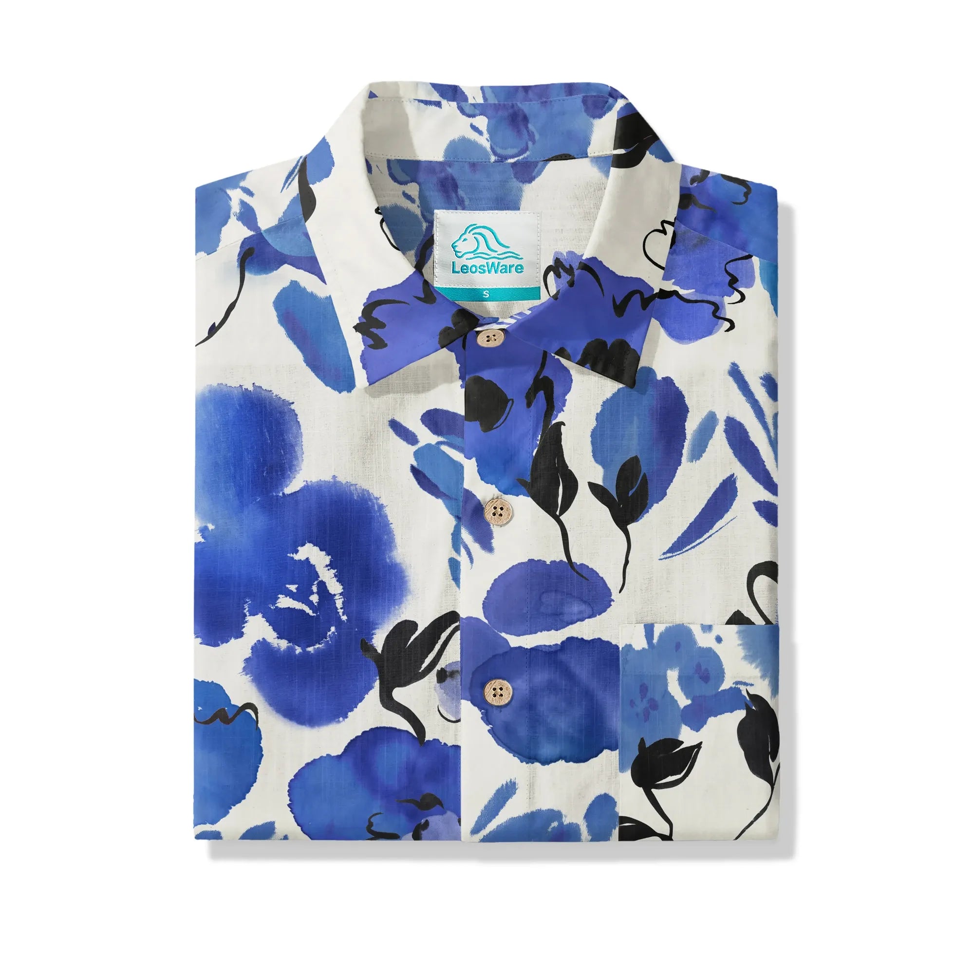 LeosWare® Men's Hawaiian Shirt Short Sleeve Button-up 100% Cotton Blue Aloha Ink Blue Florals By Huan huan