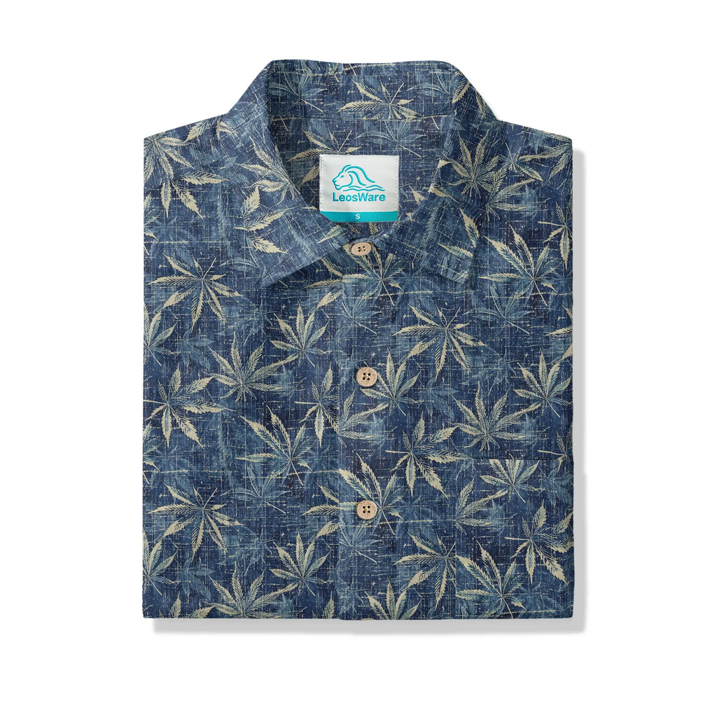 LeosWare® Men's Leaf Hawaiian Shirt Short Sleeve Button-up 100% Cotton Blue Aloha Indigo Blue Linen Leaf Pattern By Ann