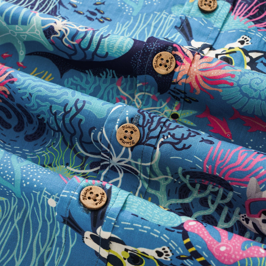 Men's Blue Hawaiian Shirt Fish & Turtle Shirt Short Sleeve Button-down 100% Cotton Blue Aloha Dive Pup By Zeke