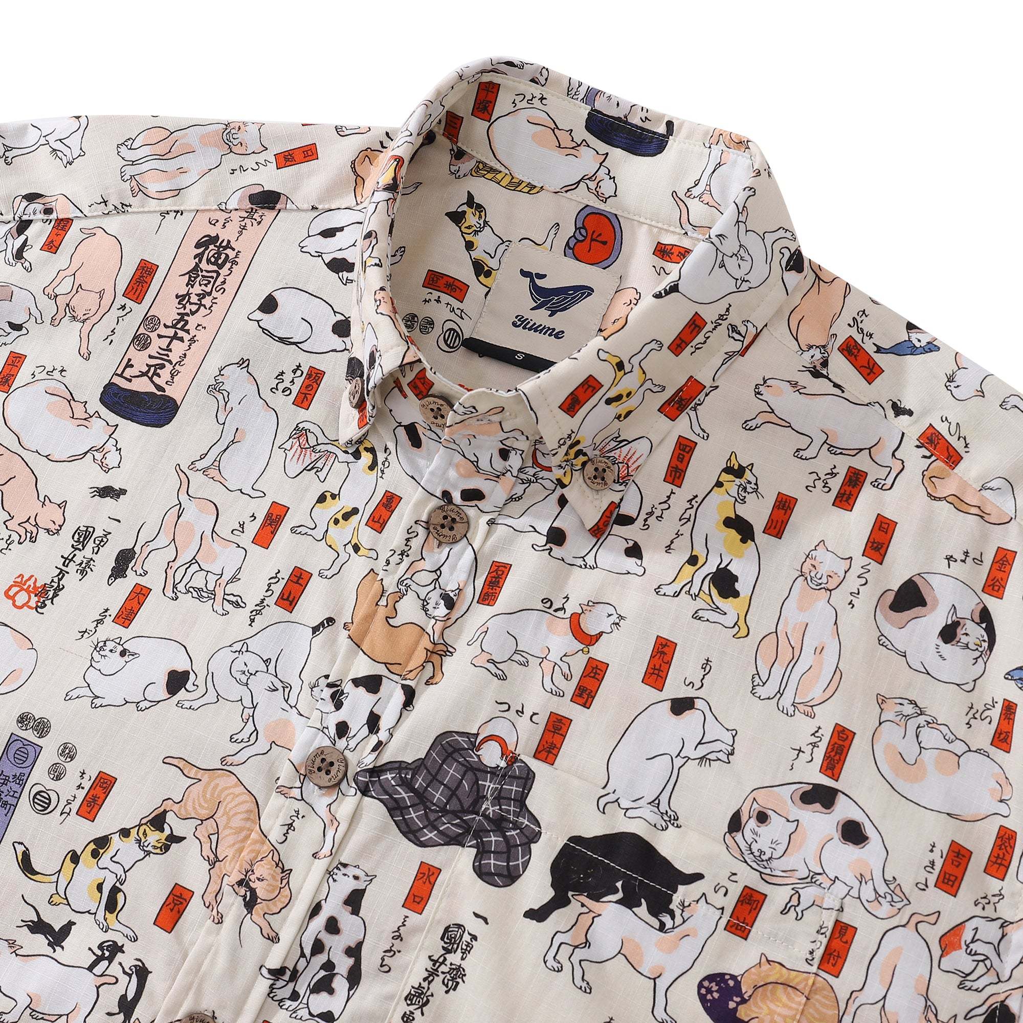Cotton Hawaiian Shirt For Men Cat Button-down Shirt Short Sleeve Aloha Shirt Tokaido 53 Station Cats By Yakima