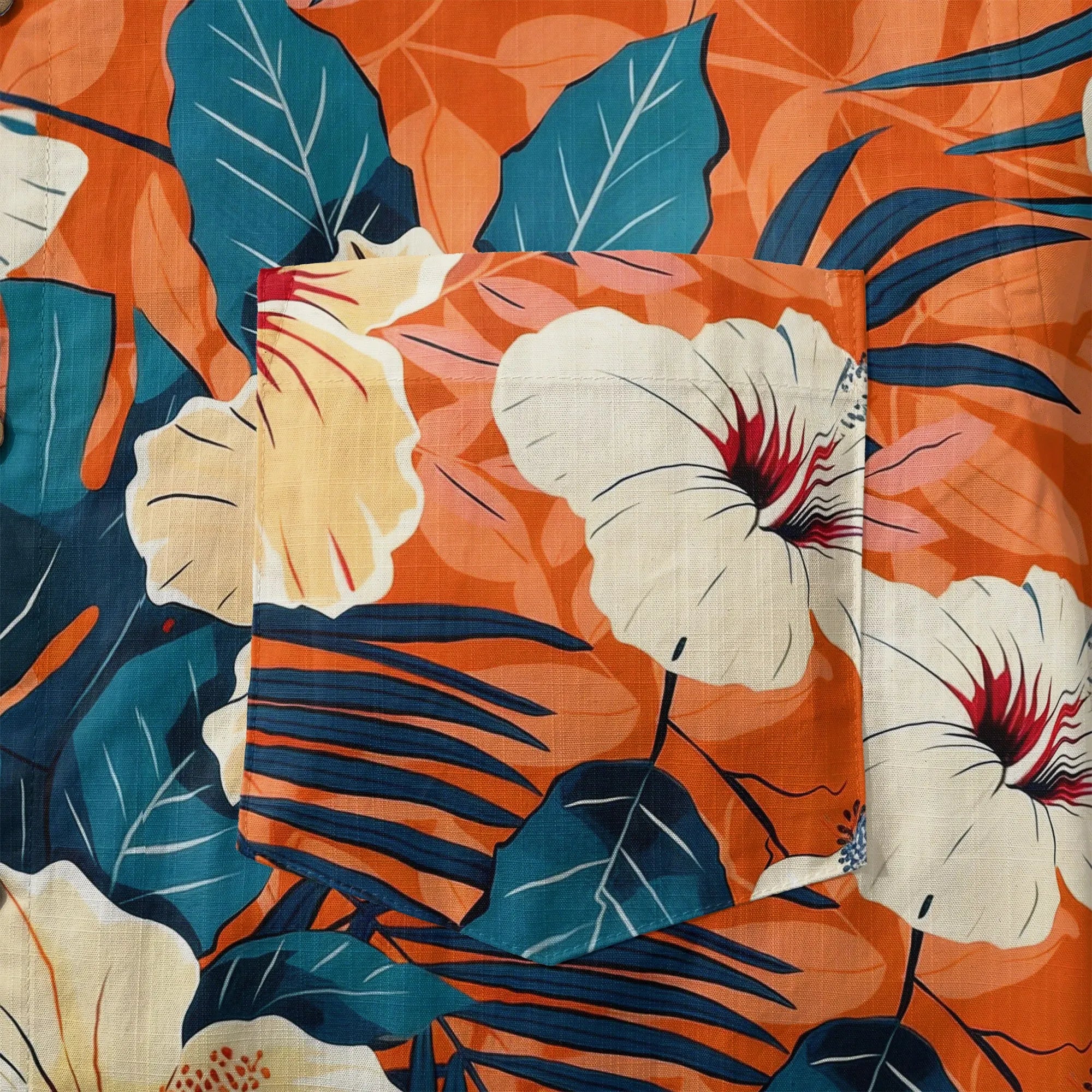 LeosWare® Men's Hawaiian Shirt Short Sleeve Button-up 100% Cotton Orange Aloha Blooming Orange Hibiscus By Ann