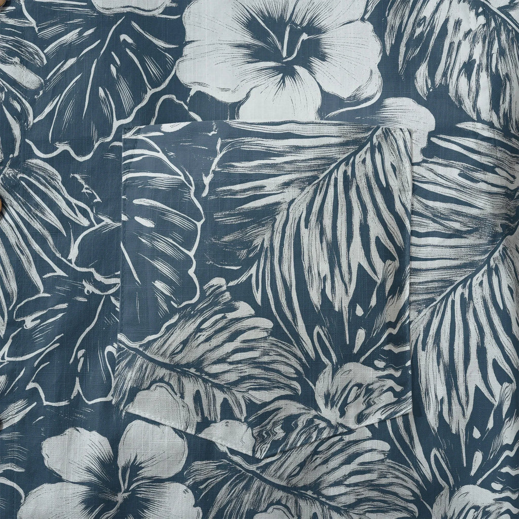 LeosWare® Hibiscus Flower Men's Hawaiian Shirt Short Sleeve Button-up 100% Cotton Blue Aloha Blue Ink Flower Shadows By Ann