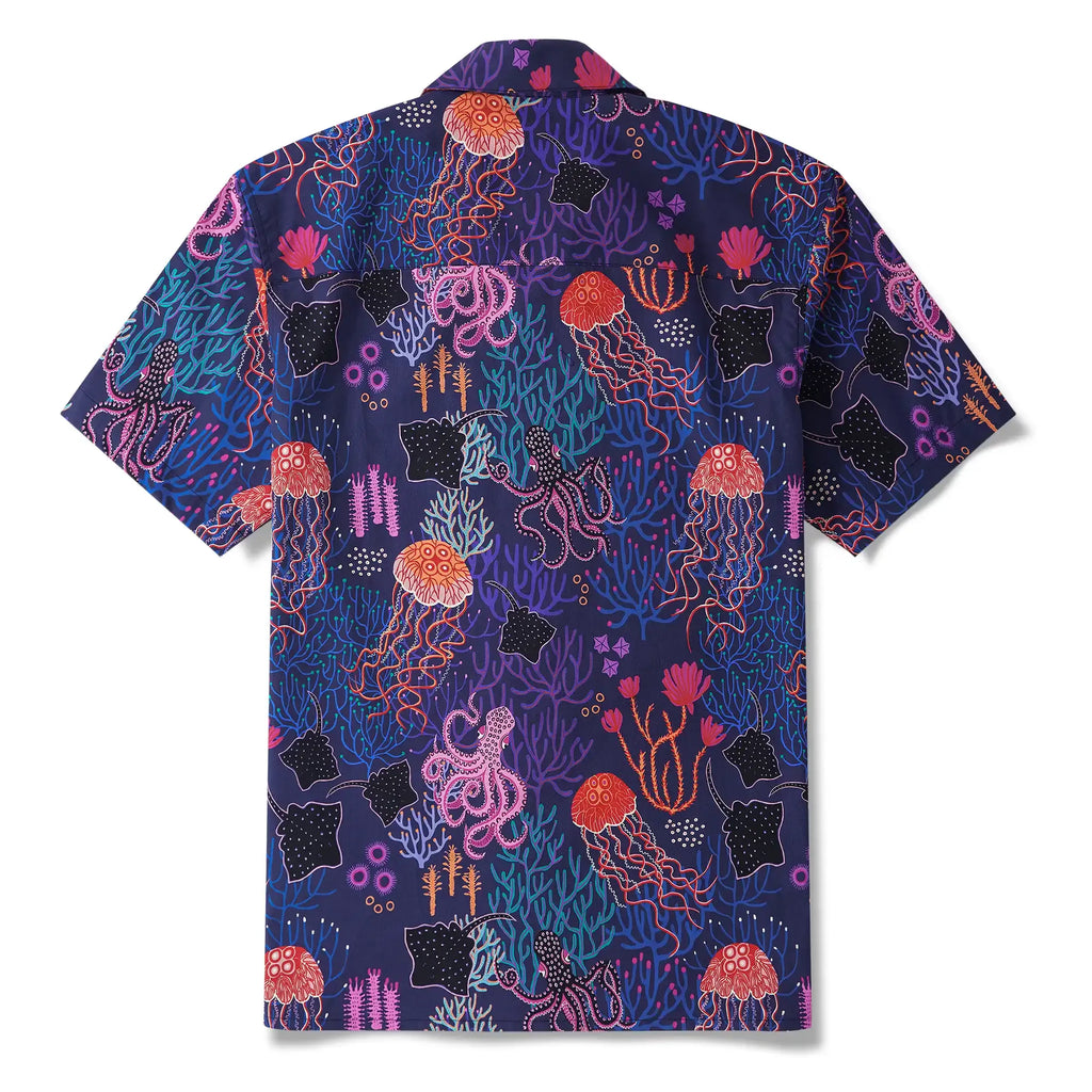 Men's Hawaiian Shirt Short Sleeve Camp Collar 100% Cotton Blue Aloha Dark Sea By Rachel Parker