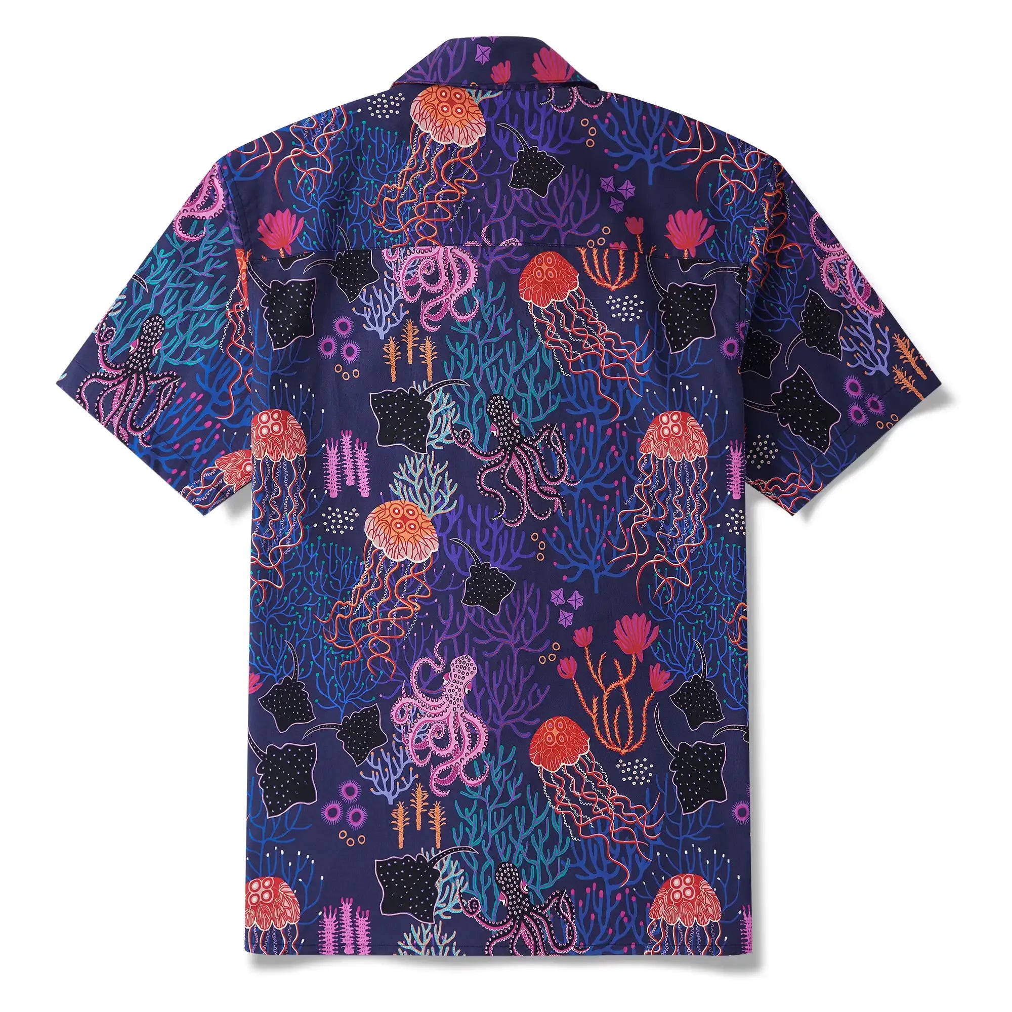 Men's Hawaiian Shirt Short Sleeve Camp Collar 100% Cotton Blue Aloha Dark Sea By Rachel Parker