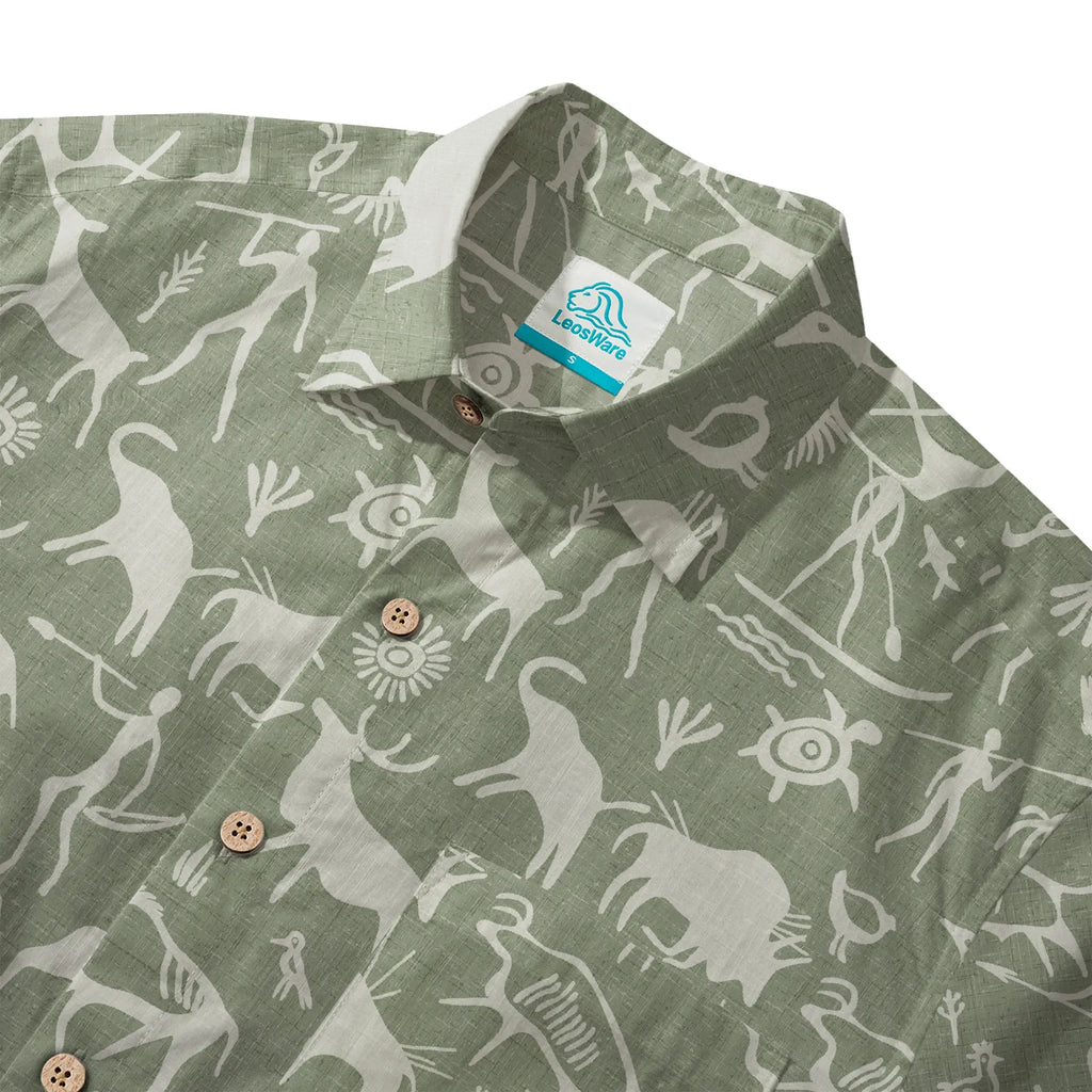 LeosWare® Men's Hawaiian Shirt Short Sleeve Button-up 100% Cotton Green Aloha Sage Green Tribal Rock Painting By Huan huan