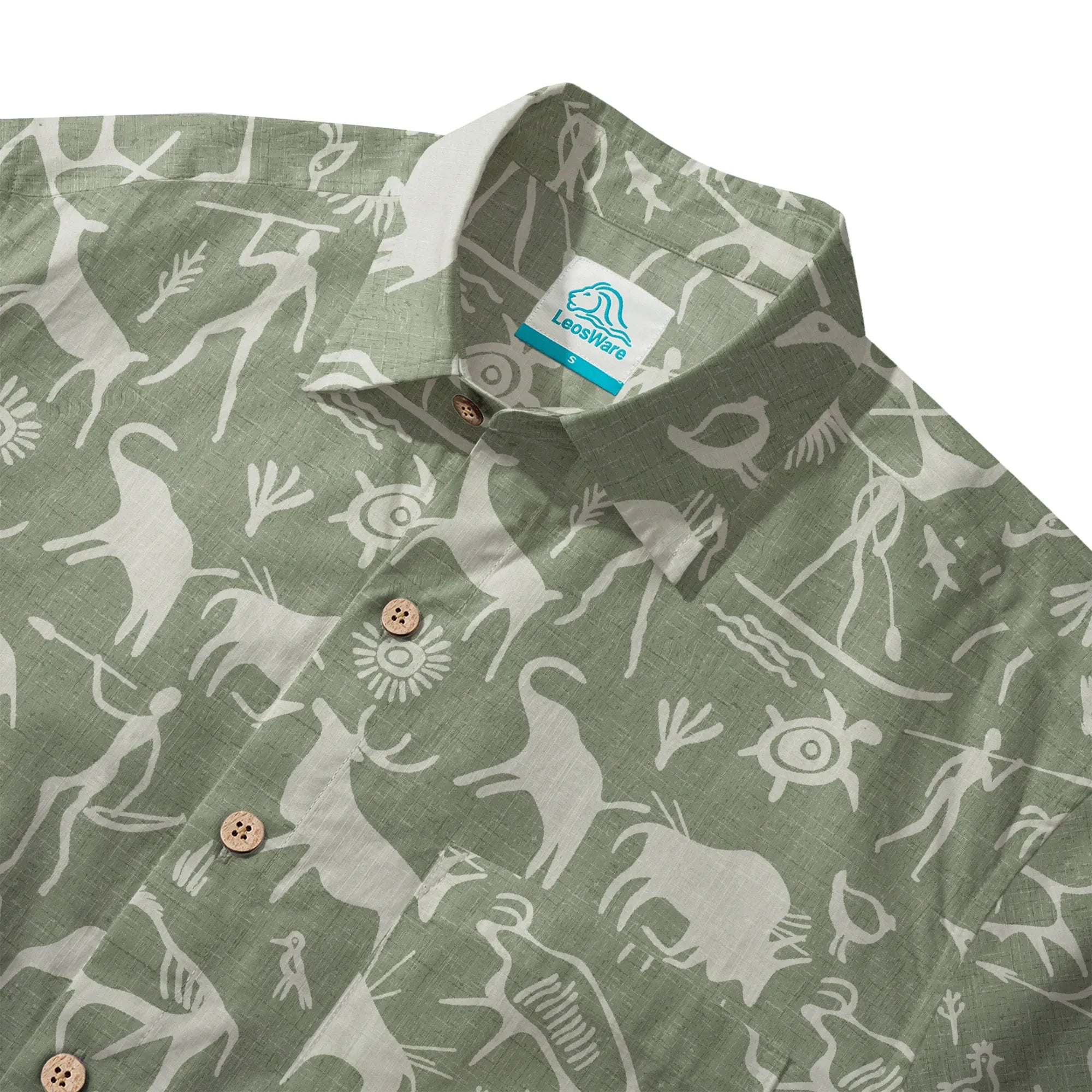 LeosWare® Men's Hawaiian Shirt Short Sleeve Button-up 100% Cotton Green Aloha Sage Green Tribal Rock Painting By Huan huan