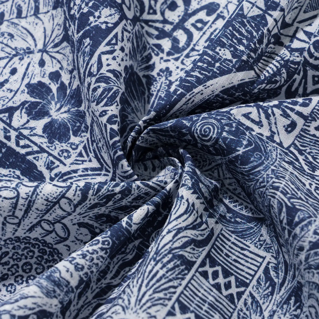 Men's Hawaiian Shirt Short Sleeve Button-down 100% Cotton Blue Aloha Tiki Isle Archive - Navy Blue By Cigar