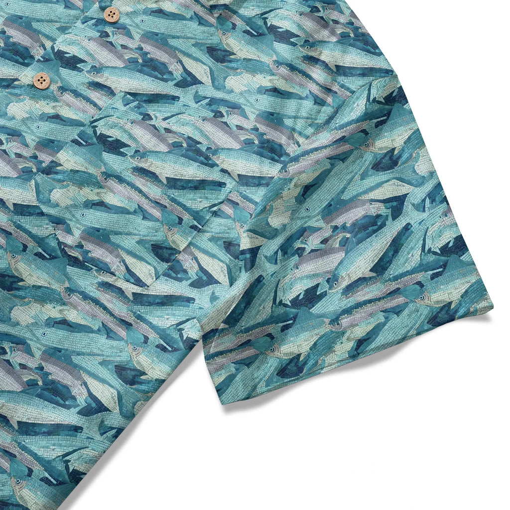 LeosWare® Men's Hawaiian Shirt Short Sleeve Button-up 100% Cotton Blue Aloha Mosaic Of Blue School Of Fish By Ann