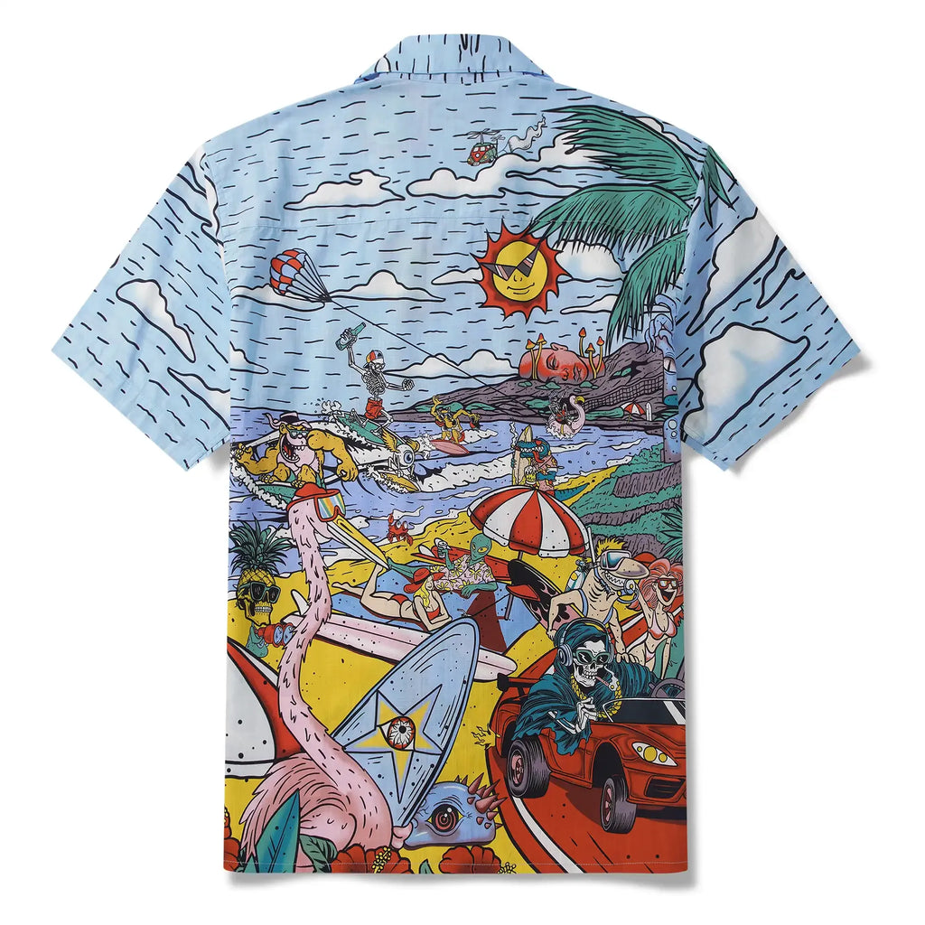 Alien Flamingo Men's Hawaiian Shirt Short Sleeve Camp Collar 100% Cotton Blue Beach Surfing Party Aloha Cosmic Coast Chaos By Huan huan