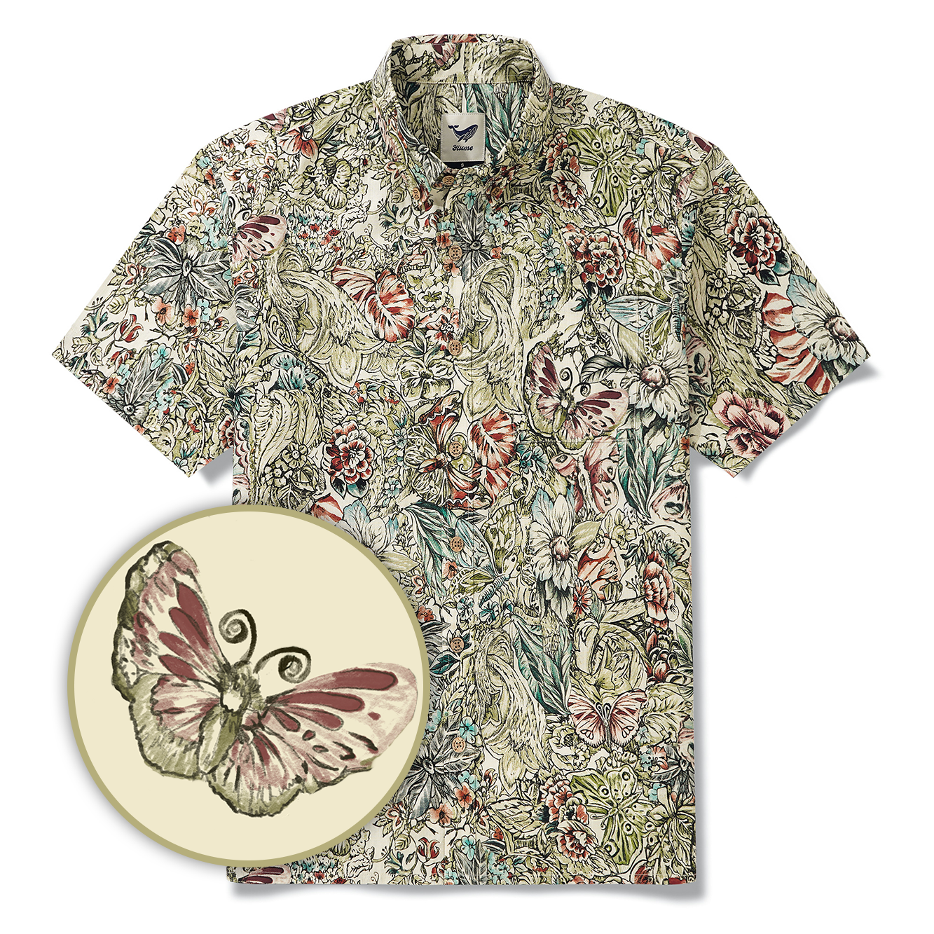 Men's Hawaiian Shirt Short Sleeve Button-down 100% Cotton Green Aloha Floral Butterfly By Yeti