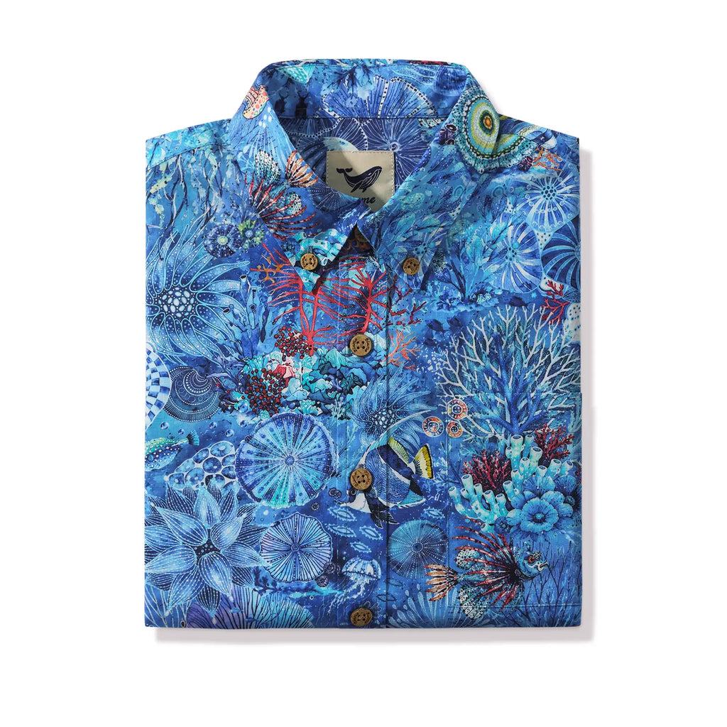 Men's Hawaiian Shirt Short Sleeve Button-down 100% Cotton Blue Aloha Watercolor Undersea Reverie By Cigar
