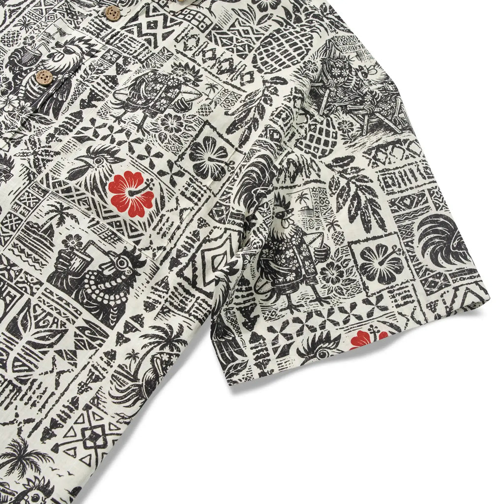 Men's Hawaiian Shirt Short Sleeve Button-down 100% Cotton Black Rooster Aloha The Bone Voyage By Cigar