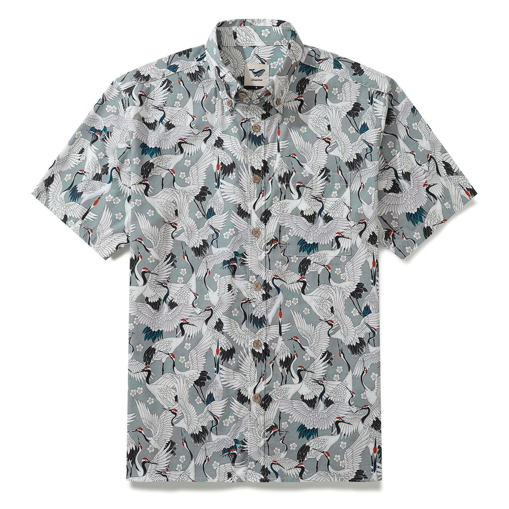 Men's Hawaiian Shirt Short Sleeve Button-down 100% Cotton Gray Aloha The Feast Of Cranes By Seven