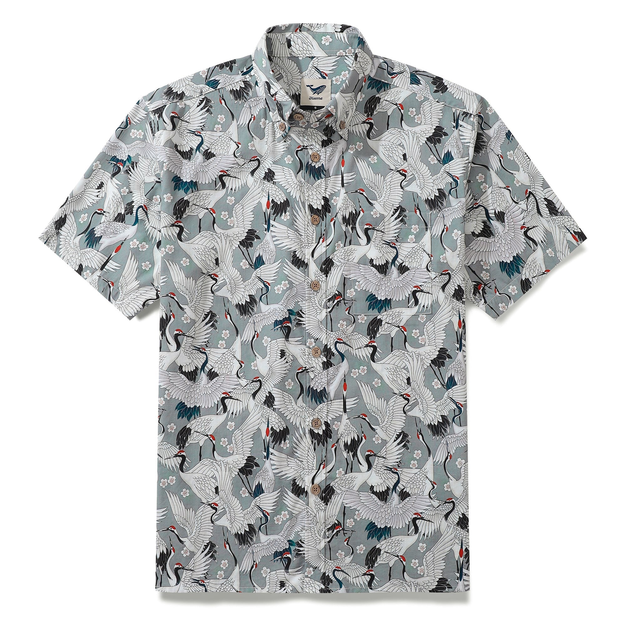 Men's Hawaiian Shirt Short Sleeve Button-down 100% Cotton Gray Aloha The Feast Of Cranes By Seven