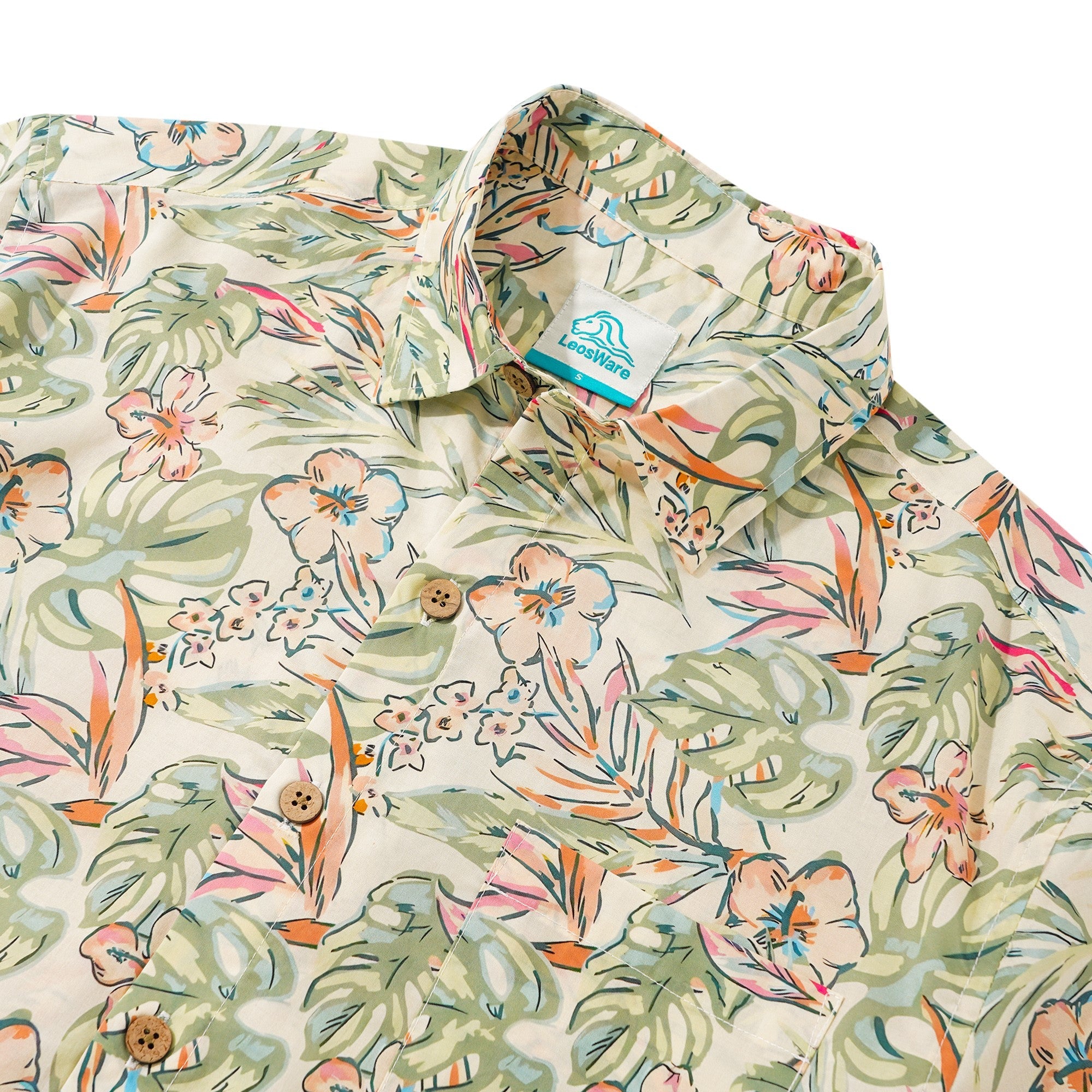 LeosWare® Men's Hawaiian Shirt Short Sleeve Button-up 100% Cotton Beige Aloha Fresh Tropical Plant Art By Ethan