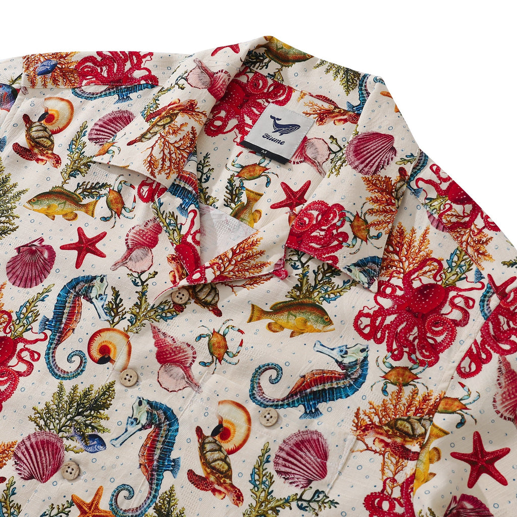 Chemise Aloha en Soie 100 % pour Homme - Impression Vie Marine - Hippocampe et Pieuvre - Col Camp à Manches Courtes par Amy