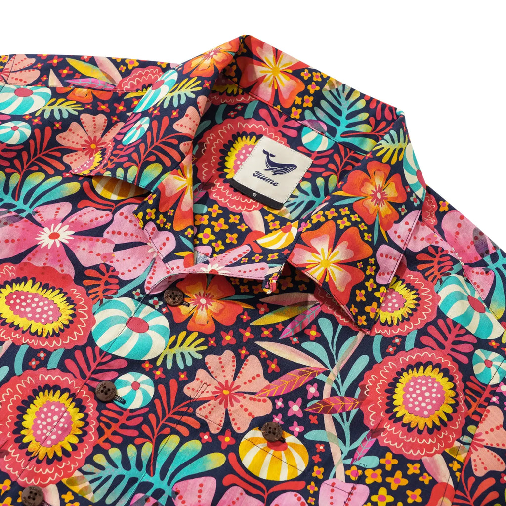 Men's Hawaiian Shirt Short Sleeve Camp Collar 100% Cotton Blue Aloha Multicolor Super Bloom By Uta Krogmann