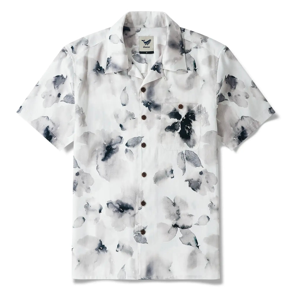 Men's Hawaiian Shirt Short Sleeve Camp Collar 100% Lyocell Black Aloha Ink Blossom Harmony By Huan huan