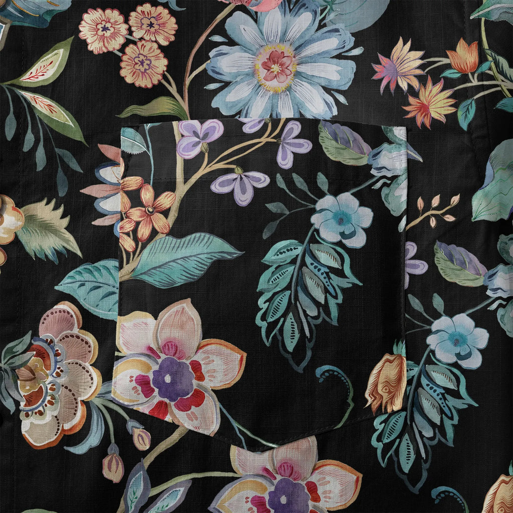 LeosWare® Men's Hawaiian Shirt Short Sleeve Button-up 100% Cotton Blue Aloha Black Garden Splendor By Huan huan