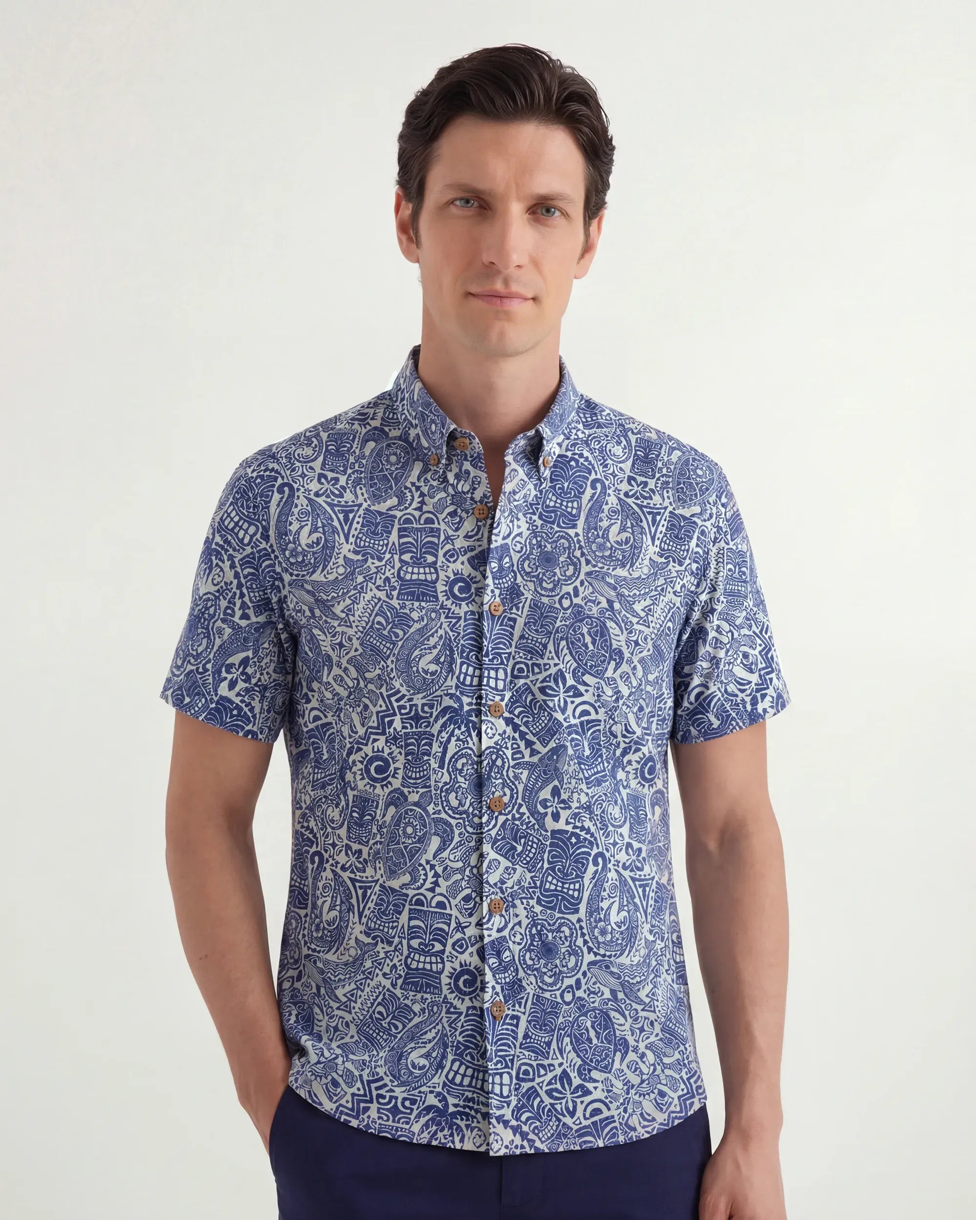 Men's Hawaiian Shirt Short Sleeve Button-down 100% Cotton Blue Aloha Tiki Retro Totem By Cigar