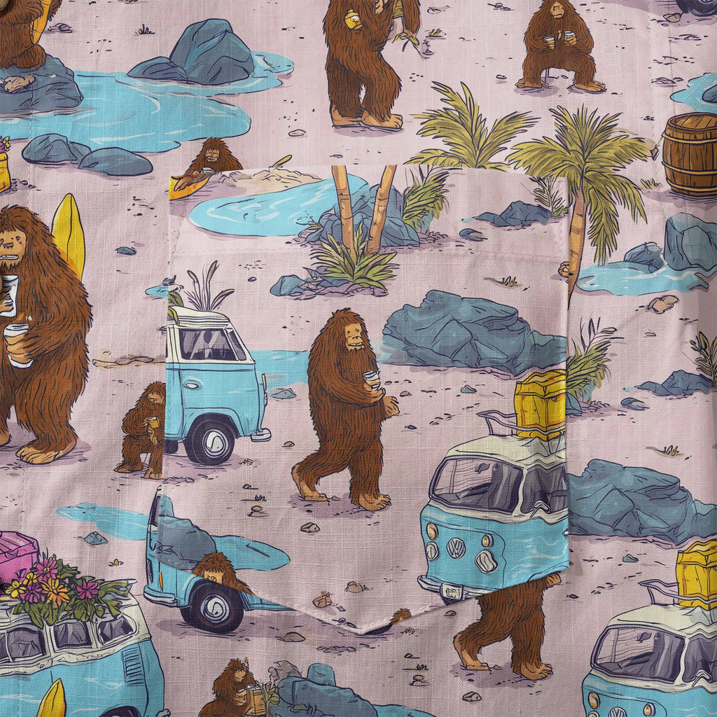 LeosWare® Men's Hawaiian Shirt Short Sleeve Button-up 100% Cotton Aloha Pink Camping With Bigfoot By Ann