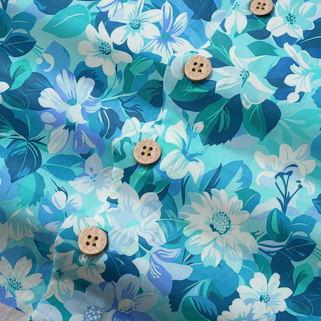 LeosWare® Flower Men's Hawaiian Shirt Short Sleeve Button-up 100% Cotton Blue Aloha Blue Oasis By Ann