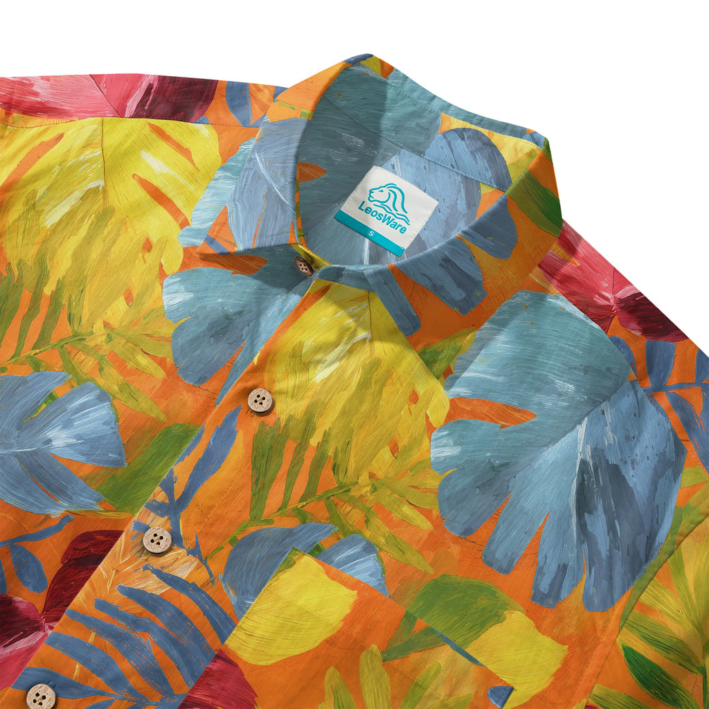 LeosWare® Men's Hawaiian Shirt Short Sleeve Button-up 100% Cotton Orange Aloha Tropical Rhapsody In Orange By Ann