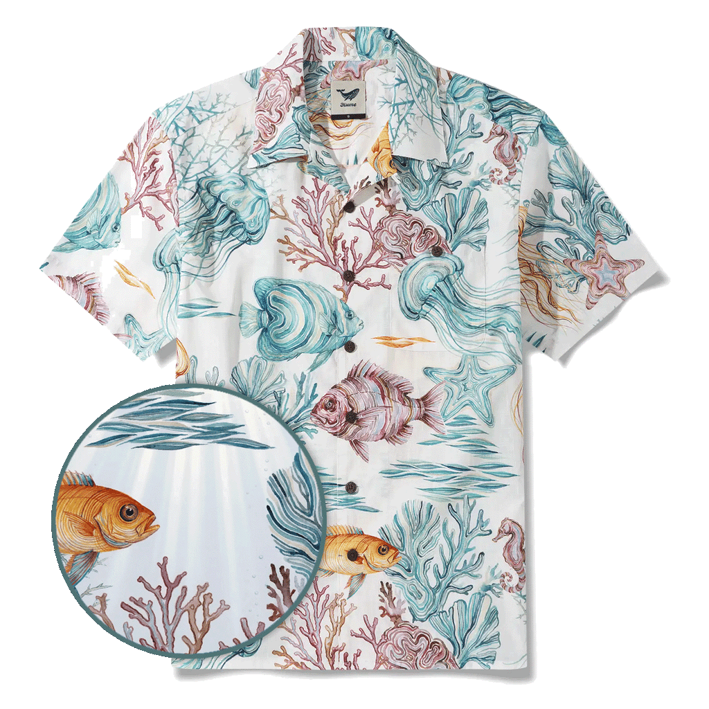 Men's Hawaiian Shirt Short Sleeve Camp Collar 100% Cotton Blue Aloha Life Underwater By Michela Maranzana