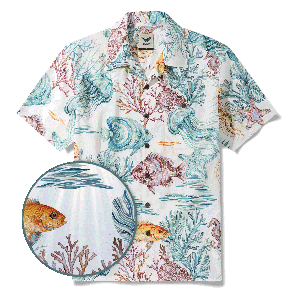 Men's Hawaiian Shirt Short Sleeve Camp Collar 100% Cotton Blue Aloha Life Underwater By Michela Maranzana