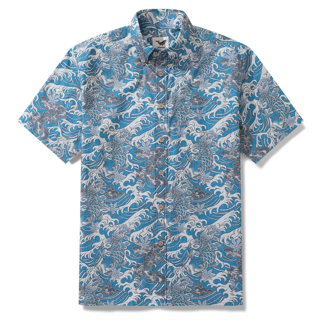 Hawaiian Shirt For Men Koi Waves Button-down Shirt Short Sleeve 100% Cotton Shirt By Cigar