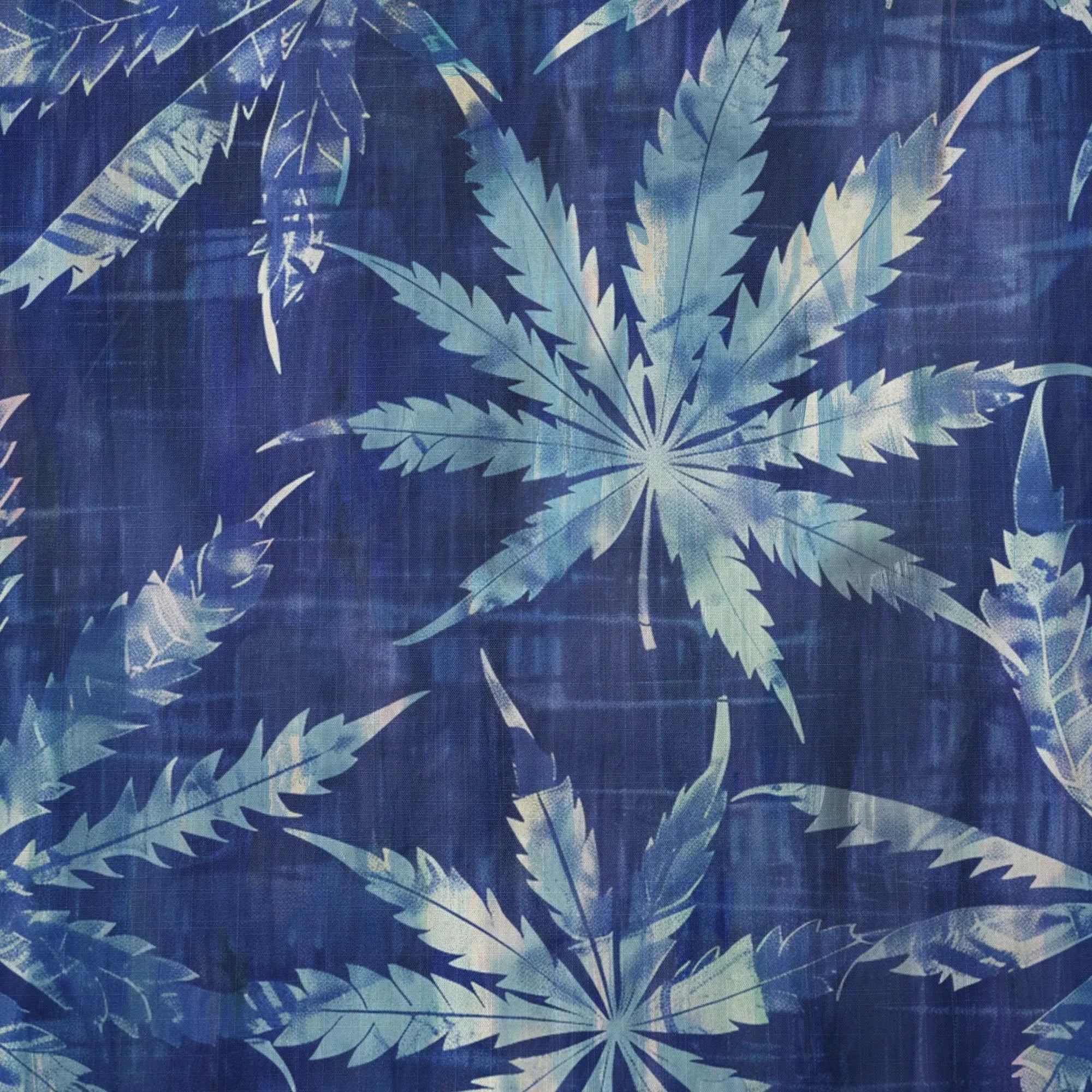 LeosWare® Leaf Men's Hawaiian Shirt Short Sleeve Button-up 100% Cotton Blue Aloha Indigo Dyed Leaves By Ann