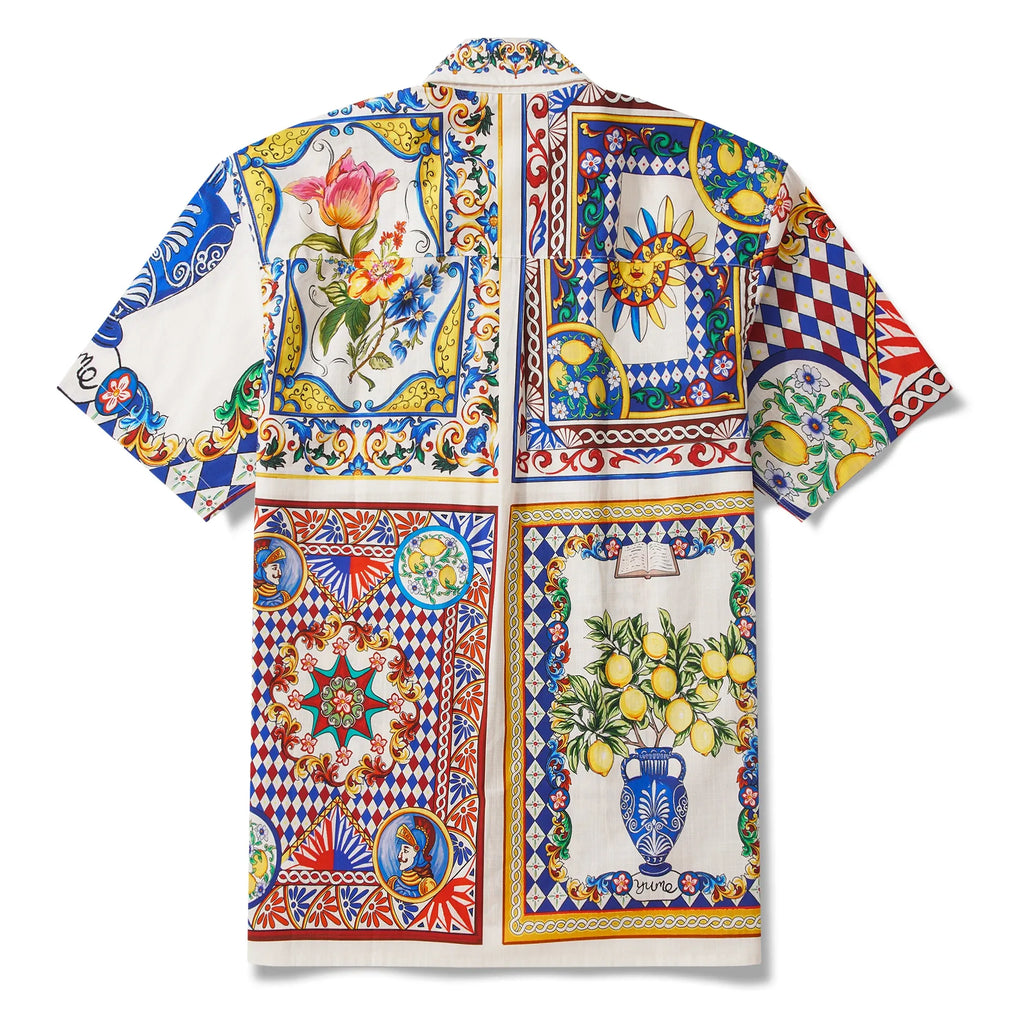 Men's Hawaiian Shirt Short Sleeve Button-down 100% Cotton Blue Flower Aloha Lemon Sicily Venice By Huan huan