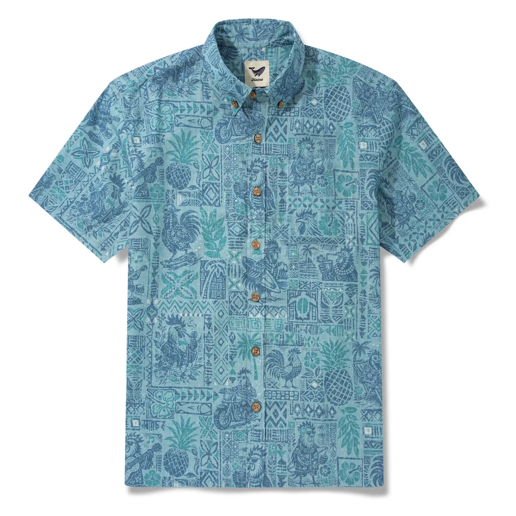 Men's Hawaiian Shirt Short Sleeve Button-down 100% Cotton Blue Rooster Aloha The Bone Voyage By Cigar