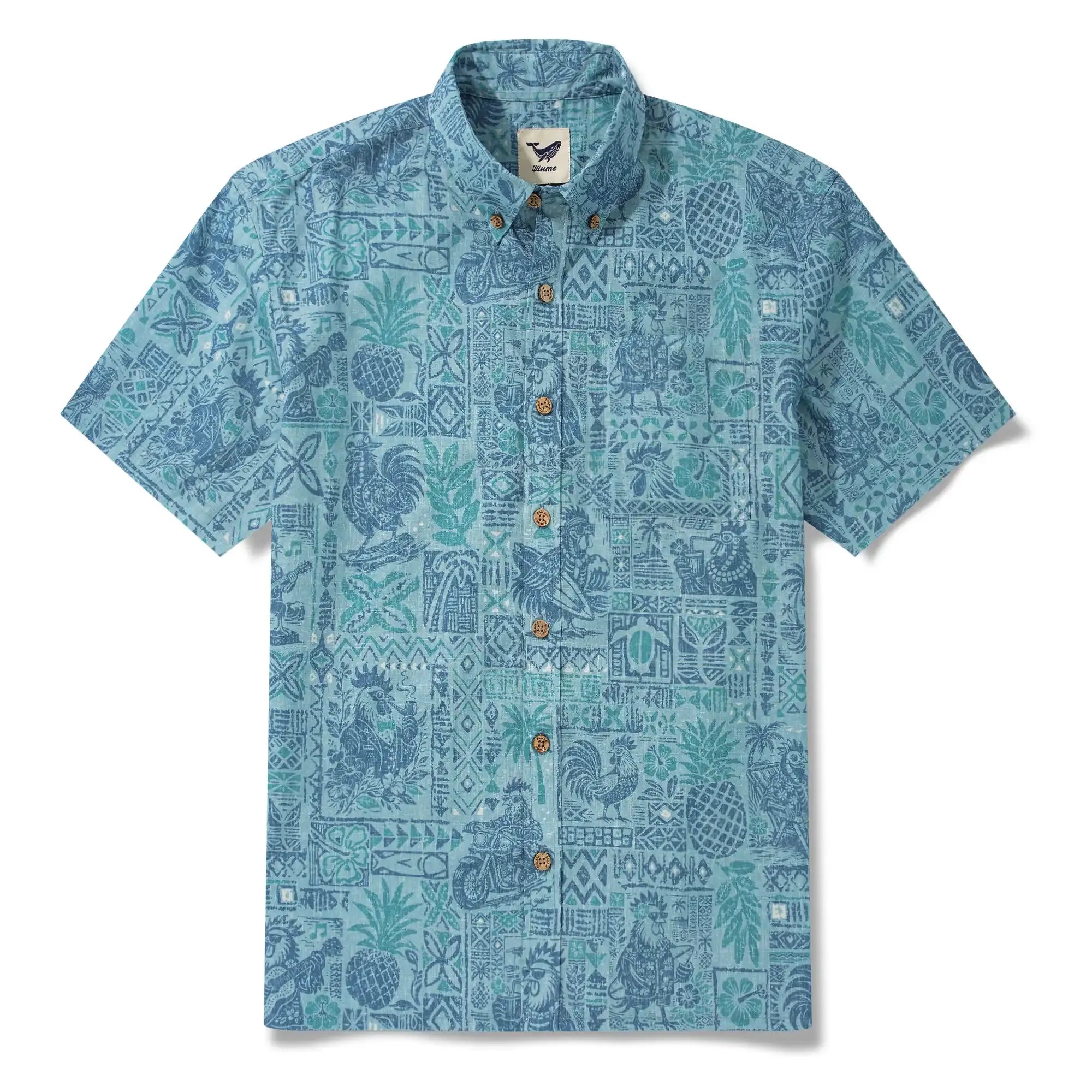 Men's Hawaiian Shirt Short Sleeve Button-down 100% Cotton Blue Rooster Aloha The Bone Voyage By Cigar