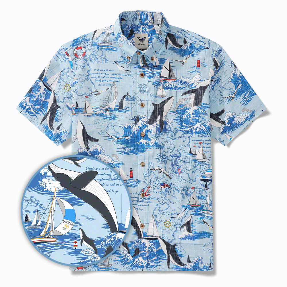 Men's Hawaiian Shirt Short Sleeve Button-down 100% Cotton White Aloha Joyful Ocean By Huan huan