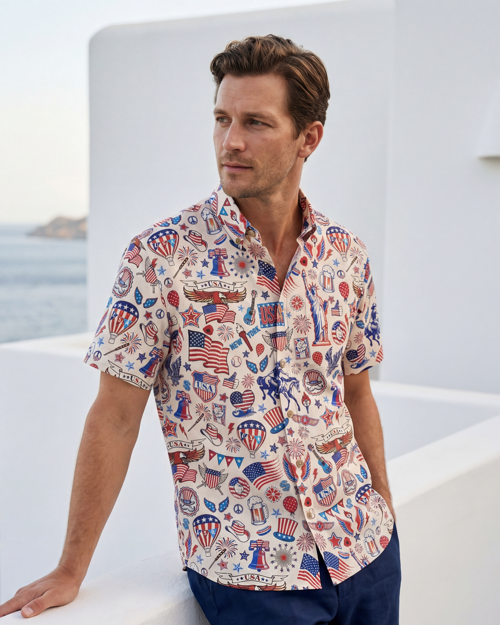 Men's Hawaiian Shirt Short Sleeve Button-down 100% Cotton Blue Red Aloha Liberty’s Patriot Canvas By Cigar