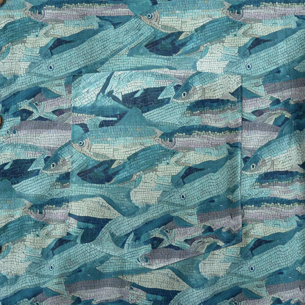 LeosWare® Men's Hawaiian Shirt Short Sleeve Button-up 100% Cotton Blue Aloha Mosaic Of Blue School Of Fish By Ann