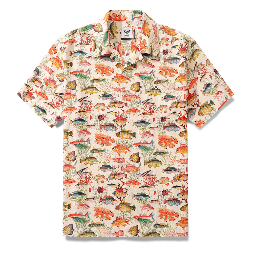 100% Silk Men's Hawaiian Shirt Sea Ocean Fish Print Camp collar Short Sleeve Aloha Shirt By Amy