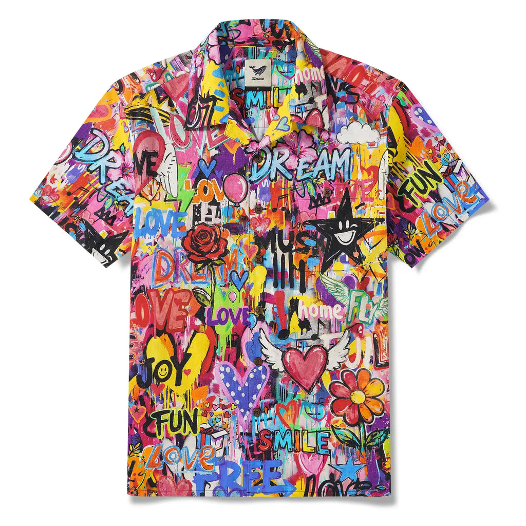 Men's Hawaiian Shirt Short Sleeve Camp Collar 100% Cotton Aloha Artistic Love Graffiti Fun By Mo