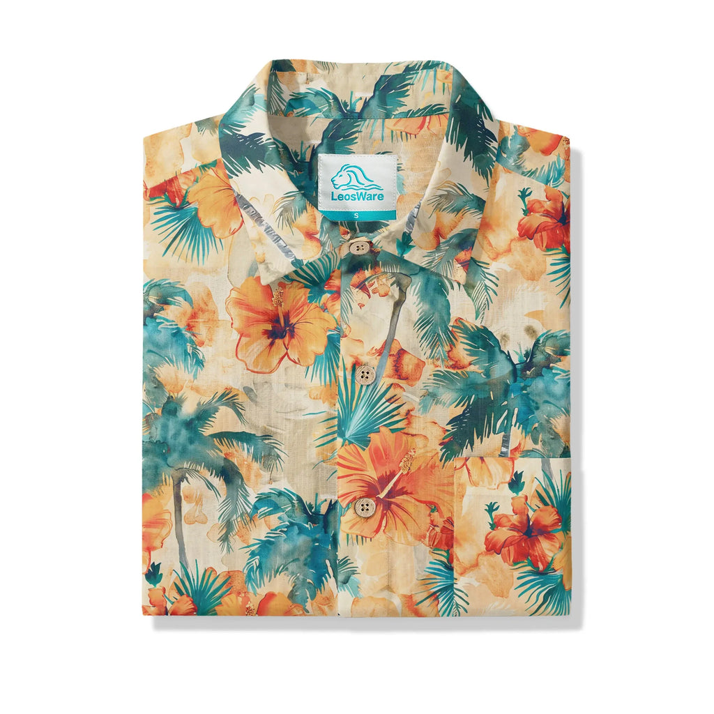 LeosWare® Men's Hawaiian Shirt Short Sleeve Button-up 100% Cotton Orange Aloha Sunset Orange Coconut Breeze By Ann