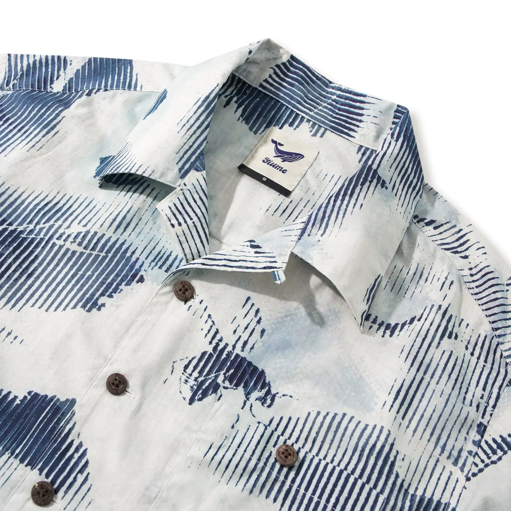 Bee Floral Men's Hawaiian Shirt Short Sleeve Camp Collar 100% Cotton Blue Aloha Floral Whispers In Halftone By Yeti