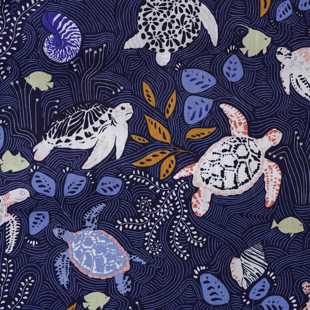 Men's Hawaiian Shirt Short Sleeve Button-down 100% Cotton Blue Aloha Happy sea turtles family navy blue By Annick