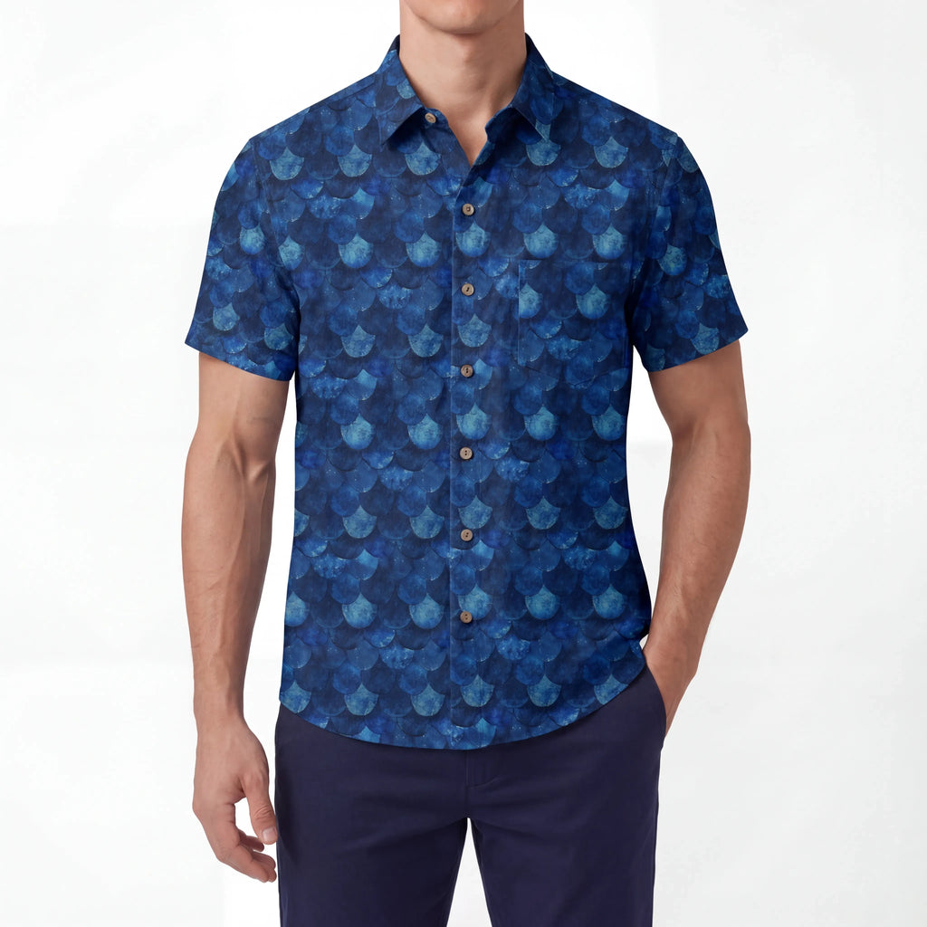 LeosWare® Men's Hawaiian Shirt Short Sleeve Button-up 100% Cotton Blue Aloha Deep Sea Dragon Scales By Ann