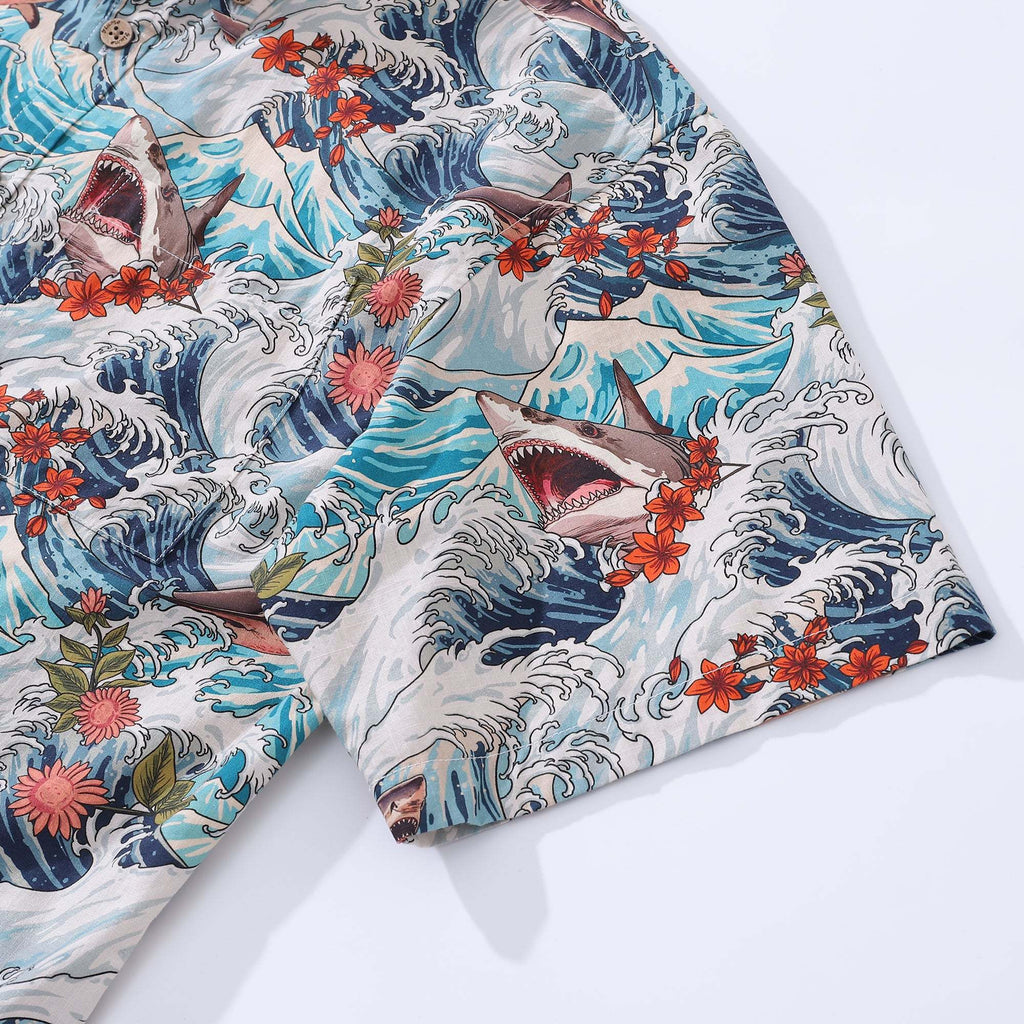 Men's Resort Wear Shirt Turbulence at Sea with Sharks Print Short Sleeve Hawaiian Shirt For Men By Sun