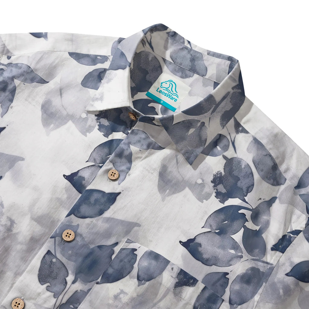 LeosWare® Men's Hawaiian Shirt Short Sleeve Button-up 100% Cotton Purple Aloha Ink Leaves And Sparse Shadows By Ann