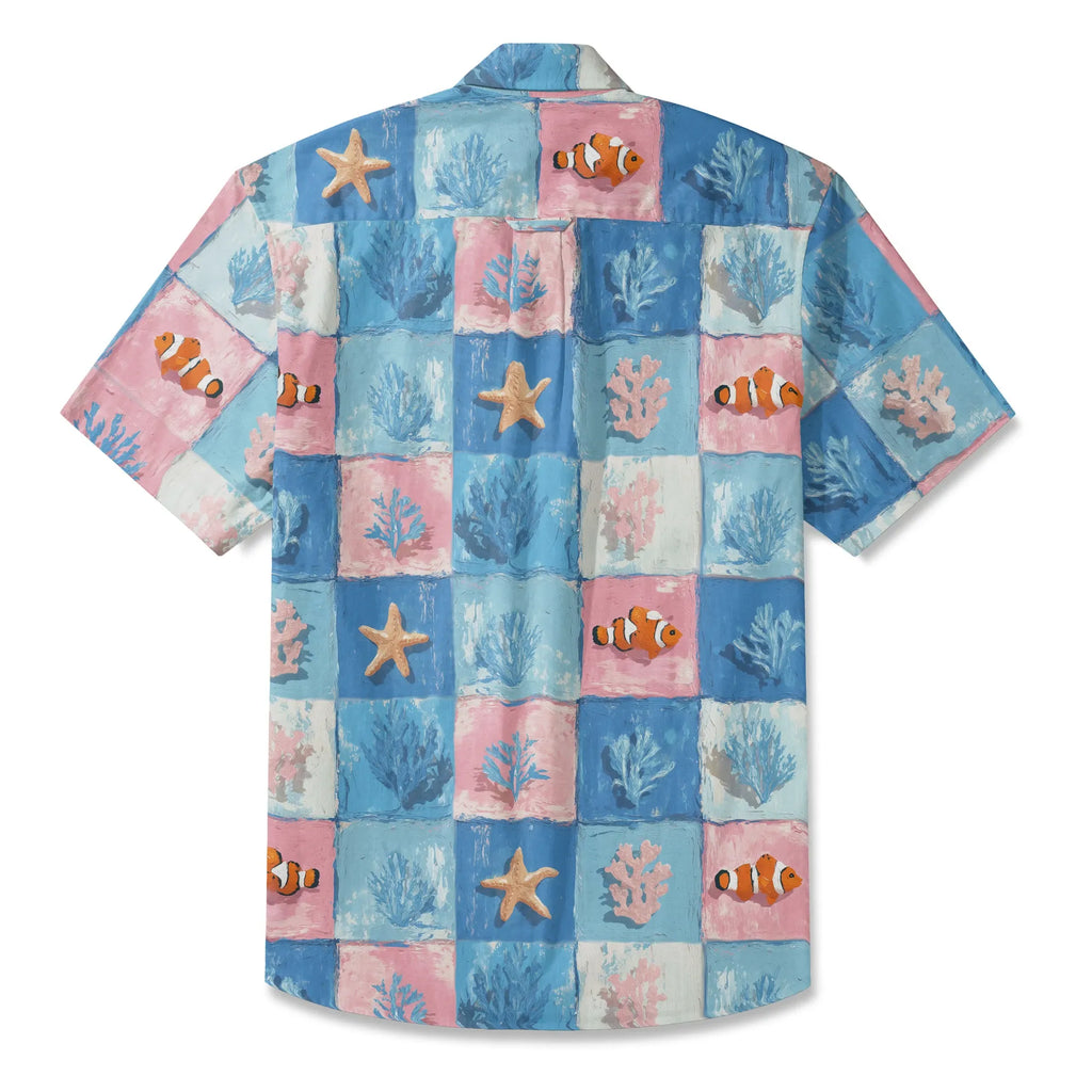 LeosWare® Plaid Men's Hawaiian Shirt Short Sleeve Button-up 100% Cotton Blue Aloha Oceanic Chessboard By Ann