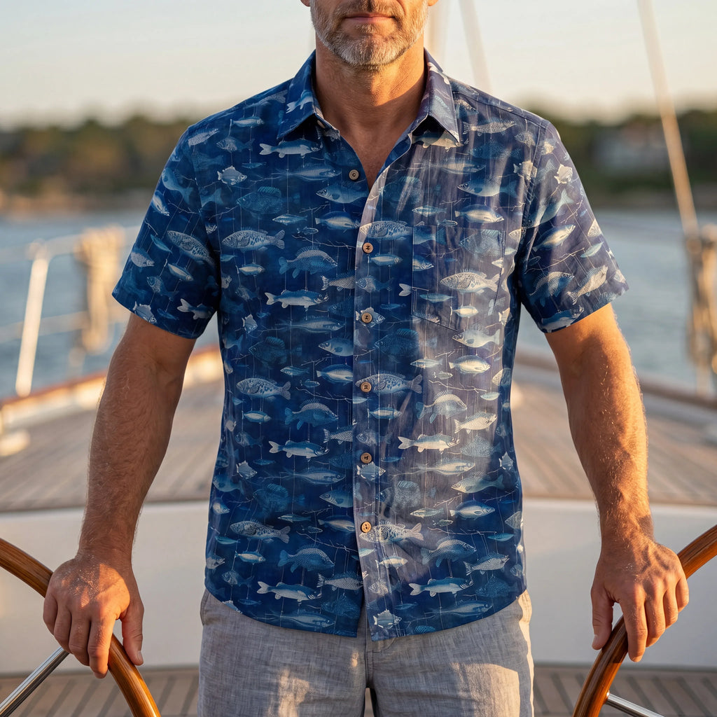 LeosWare® Men's Hawaiian Shirt Short Sleeve Button-up 100% Cotton Blue Aloha Blue Jazz Hanging Fish Pattern By Ann