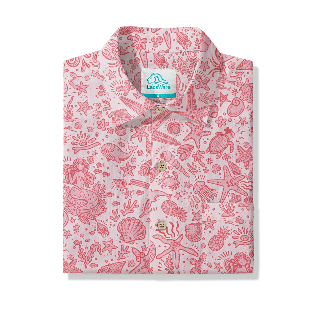 Chemise hawaïenne pour homme LeosWare® à manches courtes, boutonnée, 100 % coton, Aloha, rose doux, motifs océaniques par Huan huan