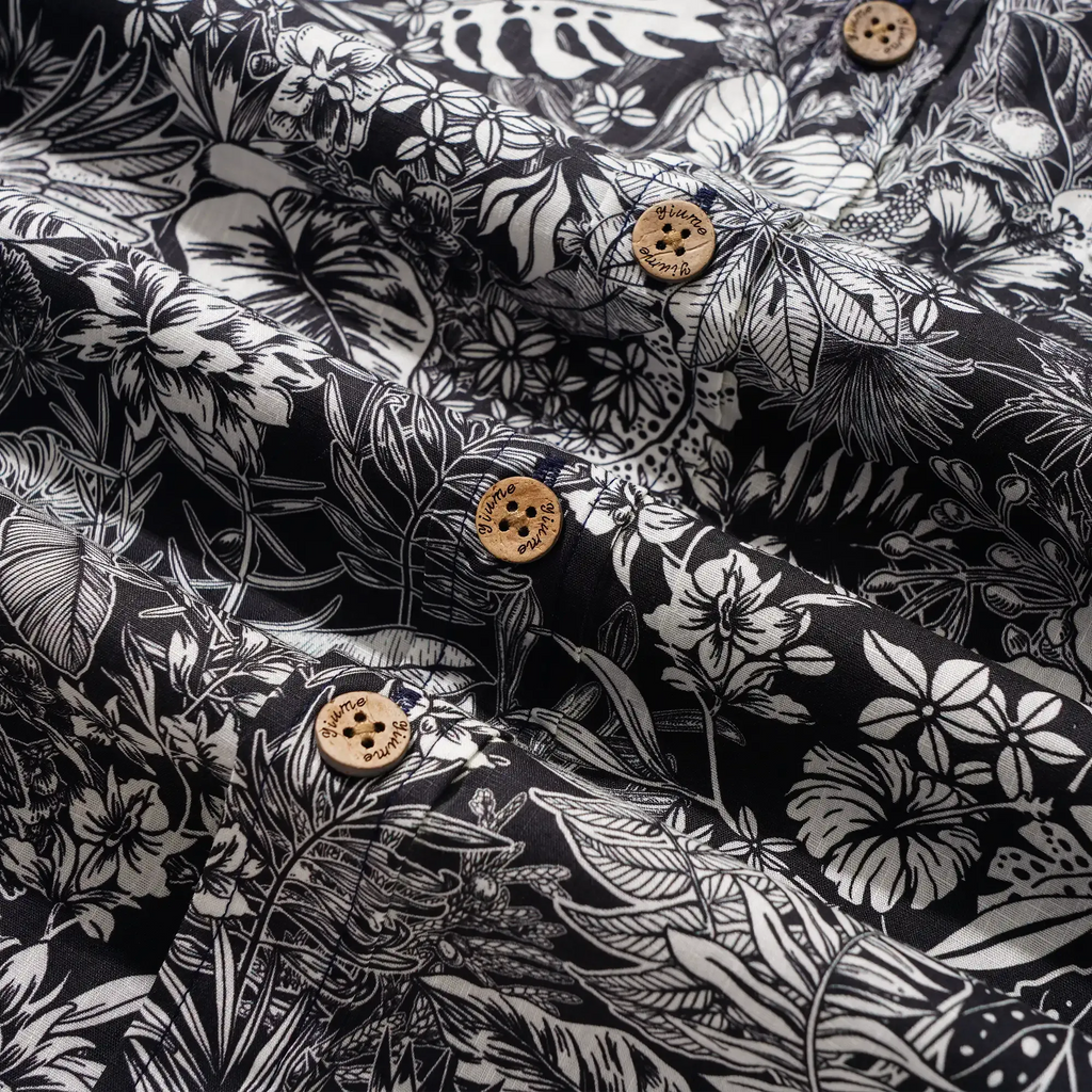Men's Hawaiian Shirt Short Sleeve Button-down 100% Cotton White Aloha Monochrome Tropical Jungle Charm By Cigar