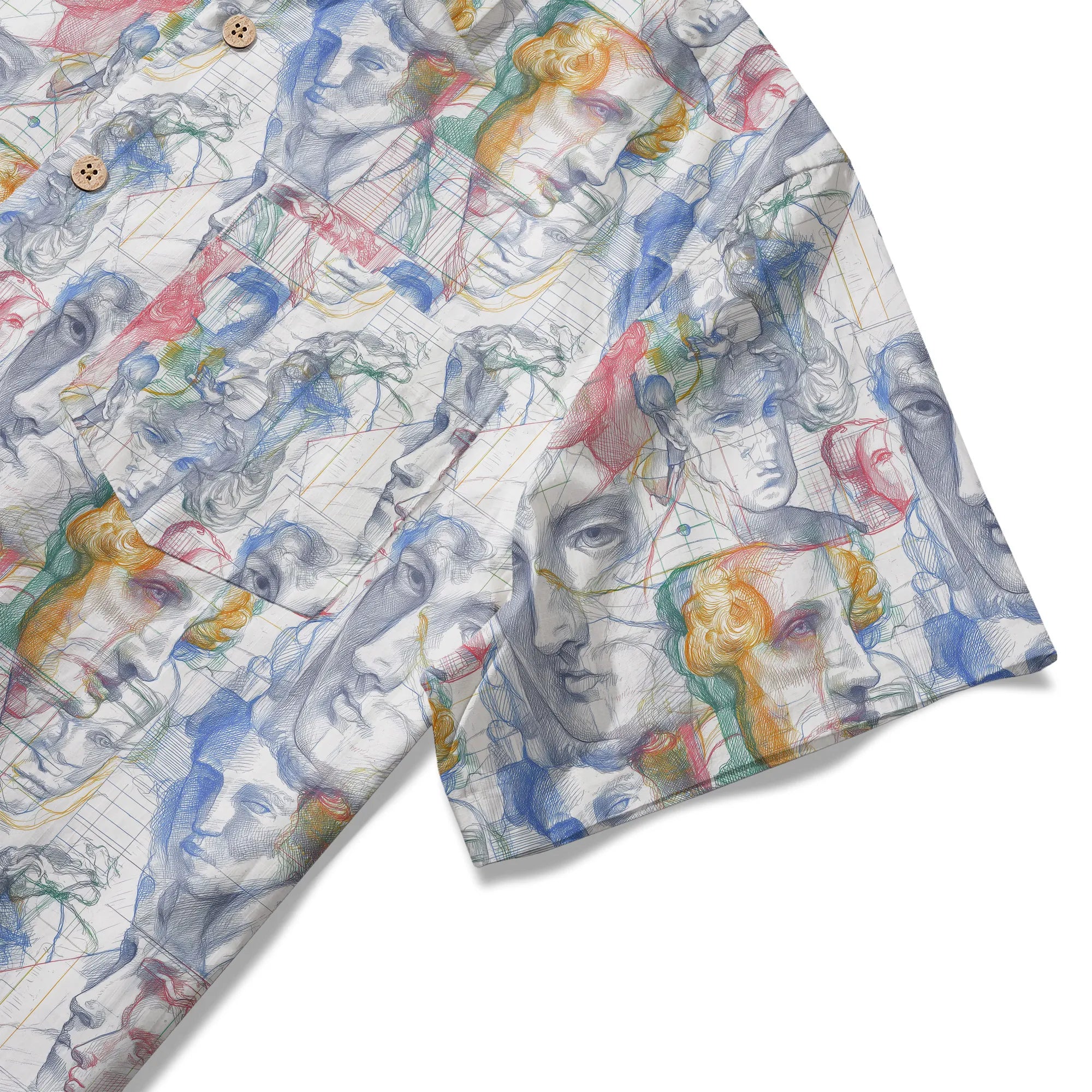 LeosWare® Men's Hawaiian Shirt Short Sleeve Button-up 100% Cotton White Aloha Master Sketch Fantasia By Ann